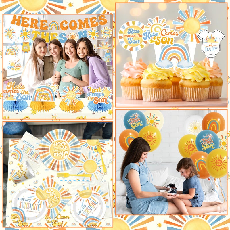 Peghoqu Here Comes The Son Baby Shower Tableware Decor for Boys,Boho Rainbow Sun Themed Party Decorations Disposable Banner,Tablecloth,Plates,Napkin,Balloon,Cupcake Topper,Serve 24 - Image 4