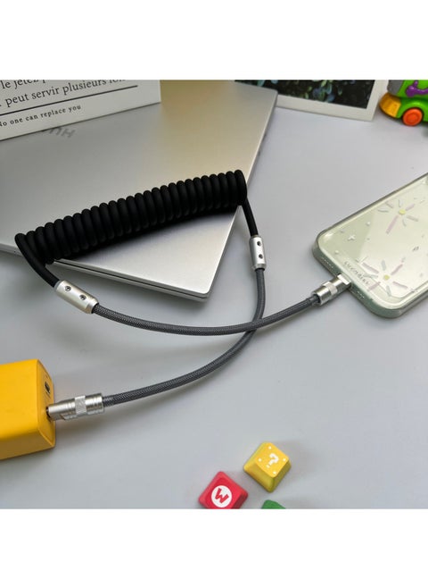 Car Color Silicone Spring Line PD100W Is Suitable For Huawei For Iphone 15 Carplay29W Data Charging Line-Color:USB To For Iphone 12W-Model:Silicone Spring Wire [black Gray] Shell