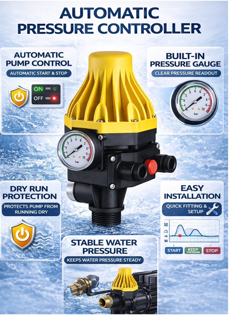 MODI Automatic Water Pump Pressure Controller With Built-In Gauge, Dry Run Protection, Auto Start Stop Control System For Home Water Booster Pump - Image 1