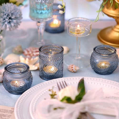 DARJEN 24Pcs Blue Votive Candle Holders - Glass Candle Holder for Party Decoration, Tea Lights Candle Holder for Wedding Shower & Gift - Image 2