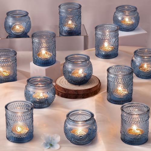 DARJEN 24Pcs Blue Votive Candle Holders - Glass Candle Holder for Party Decoration, Tea Lights Candle Holder for Wedding Shower & Gift - Image 1