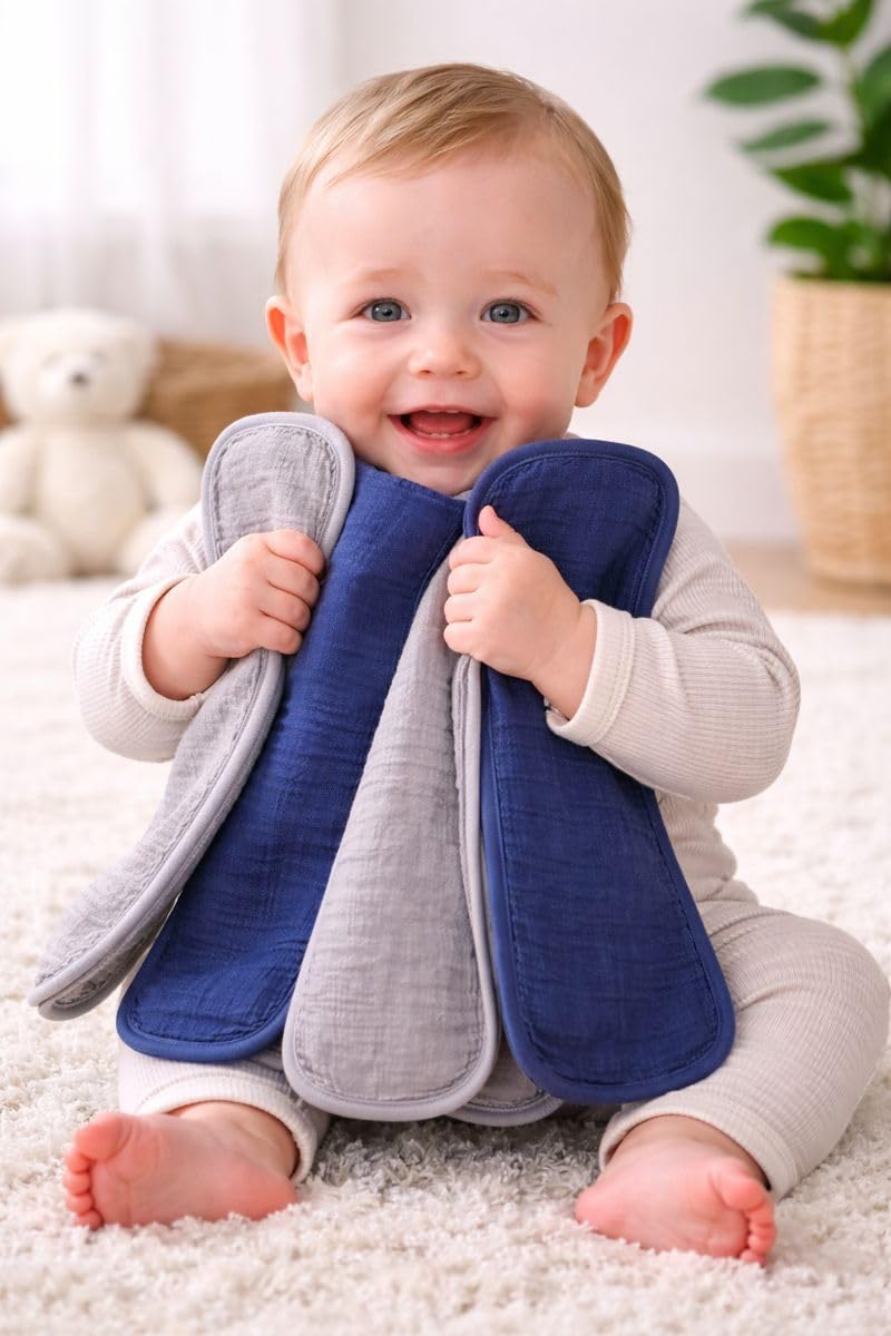 TuddyBuddy Baby Burp Cloth Towel Napkins for Baby Large 17x12 Inches, Fine Double Layer 100% Cotton (4 Pcs Burp Towels, Muslin - 2 Grey & 2 Blue Pack) - Image 2