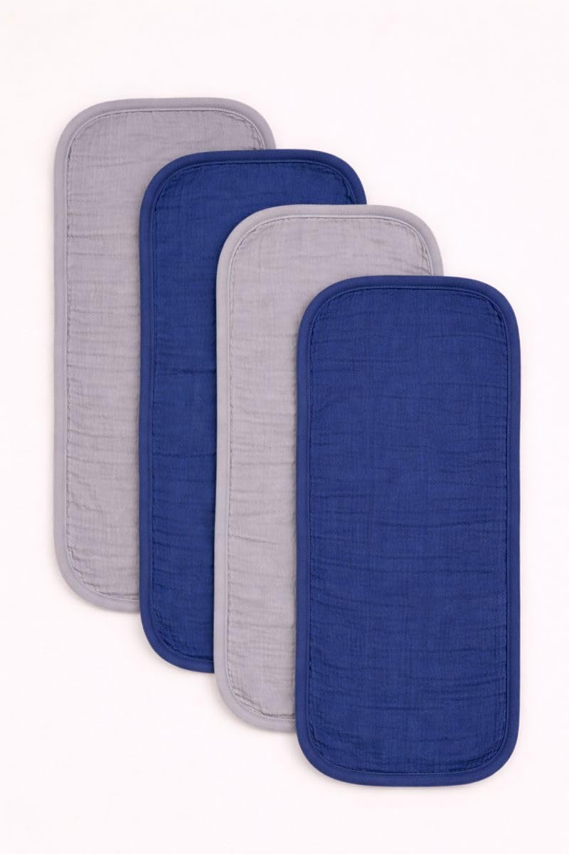 TuddyBuddy Baby Burp Cloth Towel Napkins for Baby Large 17x12 Inches, Fine Double Layer 100% Cotton (4 Pcs Burp Towels, Muslin - 2 Grey & 2 Blue Pack) - Image 1