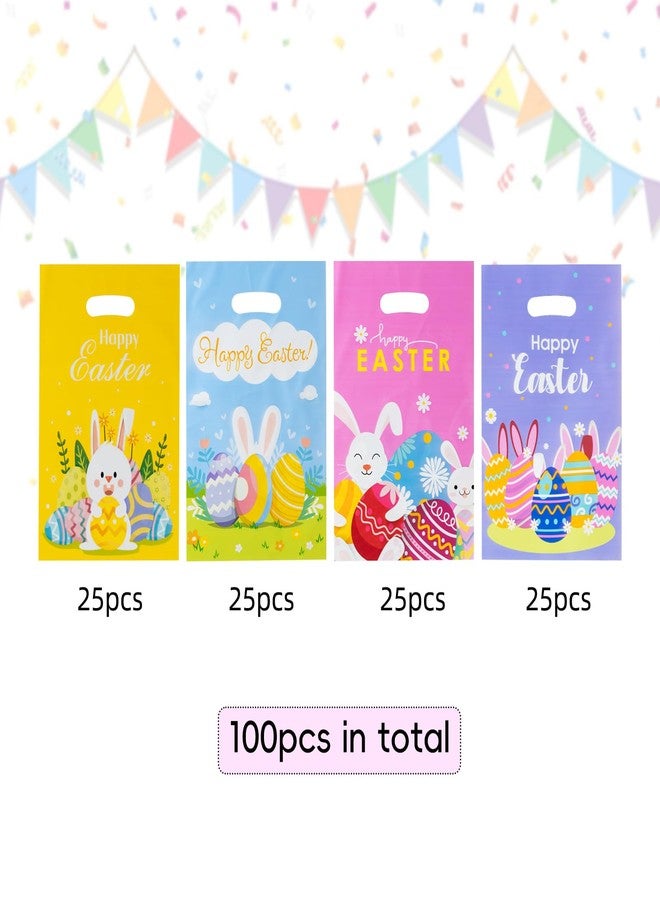 Jocomoni 100Pcs Easter Gift Bag Plastic Treat Bag with Handle Egg Bunny Candy Bags Colorful Goodie Bags for Easter Party Favor Supplies Classroom Gift Exchange - Image 2
