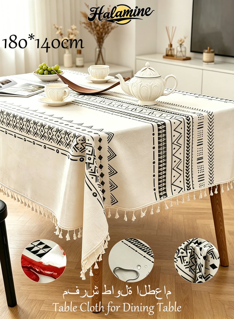 Halamine Table Cloth for Dining Table,Rectangle Cotton Linen Farmhouse Tablecloth Stripe Burlap Table Cloth, 100% Oil Proof Spill Proof Dining Table Cover, Rectangle Tablecloth for Kitchen Dining Party White,180*140cm - Image 1
