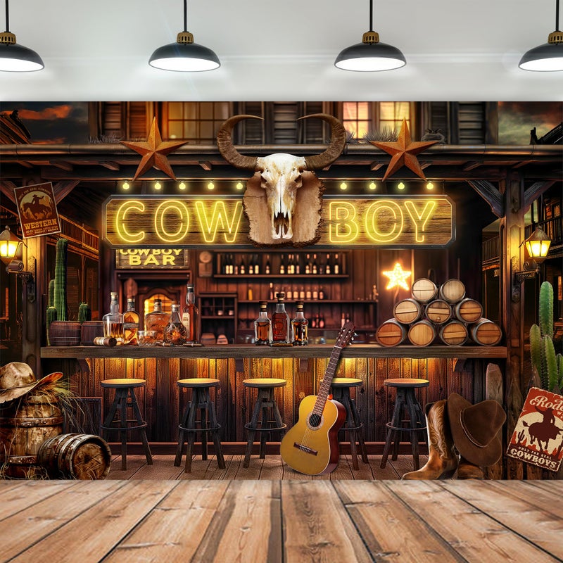 Imirell Western Cowboy Backdrop 7Wx5H Feet Rustic Farmhouse Wooden Stable Brown Wild West Bar Vintage Polyester Fabric Birthday Photography Backgrounds Photo Shoot Decor Props Decoration - Image 1