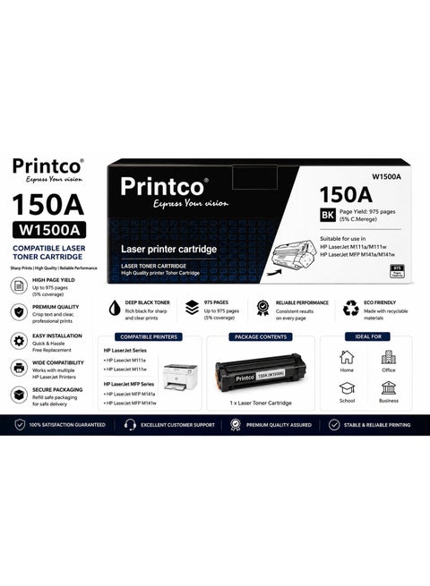 خرطوشة حبر بديلة متوافقة من PRINTCO 150A W1500A لطابعات HP Laserjet M111a M111w MFP M141a M141w MFP M141a M141w، لون أسود