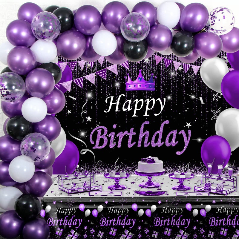 Coosilion Purple and Black Party Decorations for Women Purple Birthday Decorations for Girls Men with Purple Black Happy Birthday Backdrop Tablecloth Confetti Balloons Arch Purple Party Supplies - Image 3