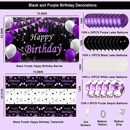Coosilion Purple and Black Party Decorations for Women Purple Birthday Decorations for Girls Men with Purple Black Happy Birthday Backdrop Tablecloth Confetti Balloons Arch Purple Party Supplies - Image 5