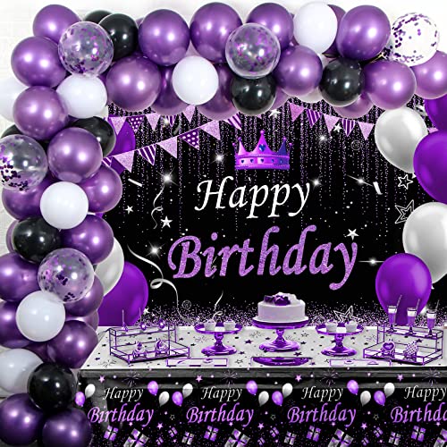 Coosilion Purple and Black Party Decorations for Women Purple Birthday Decorations for Girls Men with Purple Black Happy Birthday Backdrop Tablecloth Confetti Balloons Arch Purple Party Supplies - Image 1