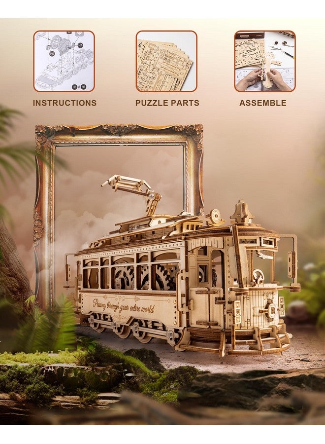 ROKR 3D Wooden Puzzles Model Car Kits For Adults To Build Wooden Toy Tram Train Set With Railway Wood 3D Puzzles For Adults Gift Idea For Christmas Father'S Day Birthday - Image 2