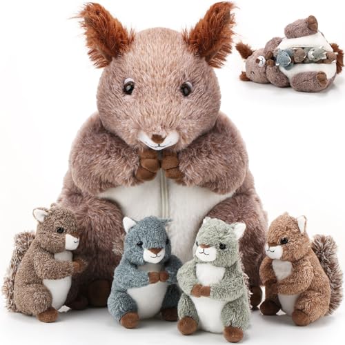 Poen 5 Pcs Squirrel Stuffed Animals Set 14 Mommy Squirrel Plush with 4 Cute Baby Squirrels in Her Tummy Soft Cuddly Plushie for Boys Girls Birthday Gifts Christmas Woodland Party Decors - Image 1