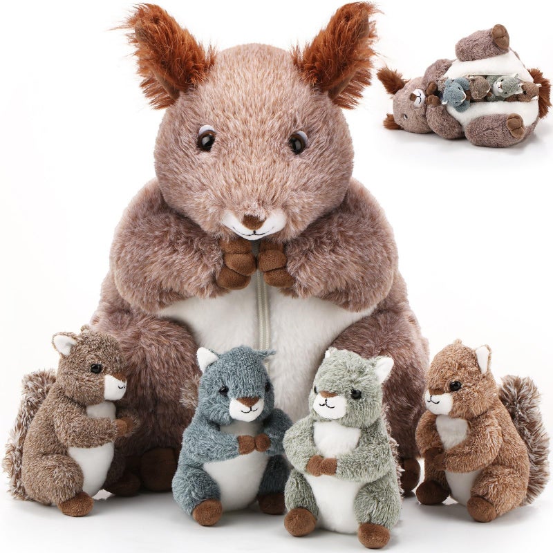 Poen 5 Pcs Squirrel Stuffed Animals Set 14 Mommy Squirrel Plush with 4 Cute Baby Squirrels in Her Tummy Soft Cuddly Plushie for Boys Girls Birthday Gifts Christmas Woodland Party Decors - Image 3
