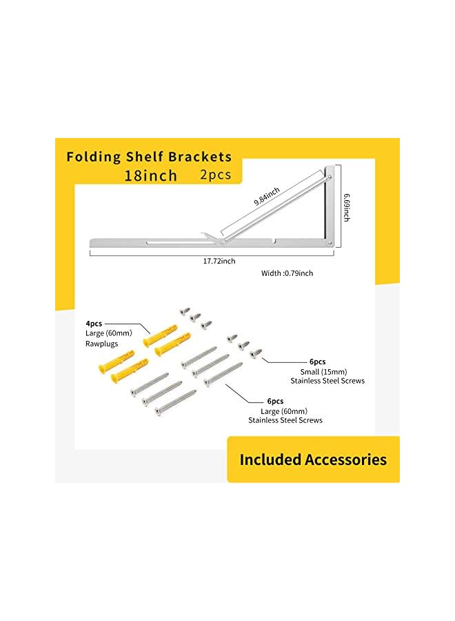 The Bros حامل الرف القابل للطي من بروس 18 بوصة، 2 قطعة من الفولاذ المقاوم للصدأ الثقيل 304، حامل مثلث - Image 2