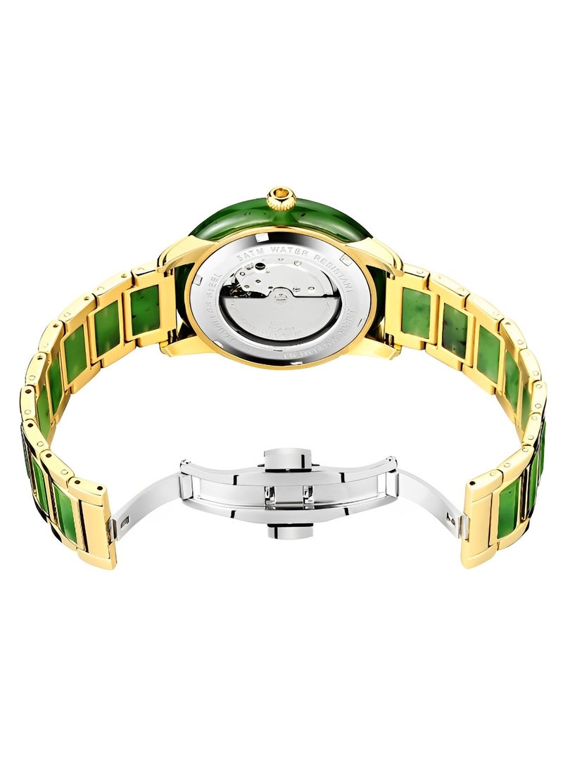 REOCLE Quartz Watch Jade Mechanical Watch with Diamond Set Jade Dial & Stainless Steel Watch Strap & Daily Waterproofing & Luminous Hands Luxury Dress Wrist Watch for Women Men  - Image 4