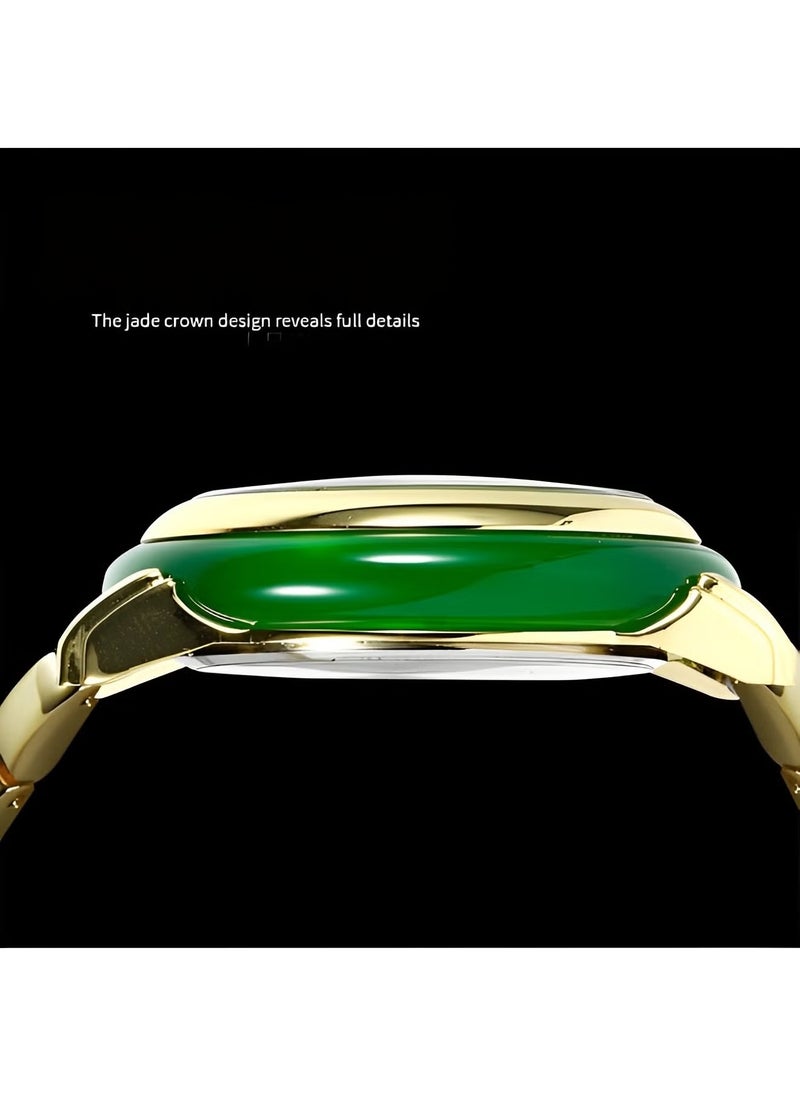 REOCLE Quartz Watch Jade Mechanical Watch with Diamond Set Jade Dial & Stainless Steel Watch Strap & Daily Waterproofing & Luminous Hands Luxury Dress Wrist Watch for Women Men  - Image 2