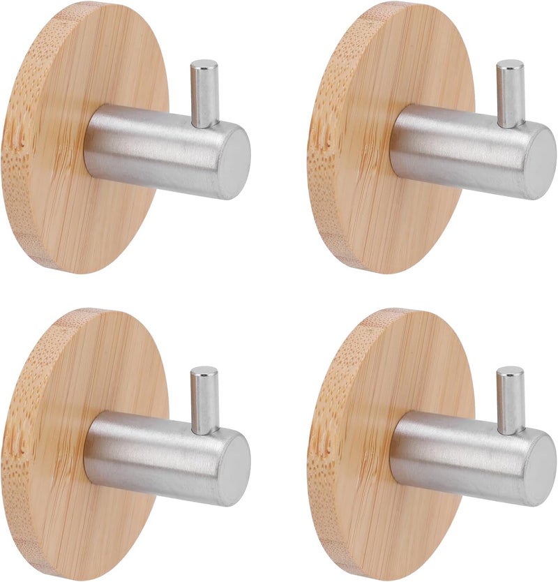 4 Pack Wooden Wall Hooks Self Adhesive Coat Hooks for Hanging Towels Keys - Image 1