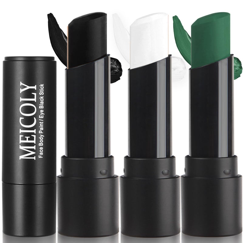MEICOLY 3PCS Black White and Green Face Body Paint Stick,Waterproof Eye Black Baseball Softball Football,Face Paint Stick for Halloween SFX Cosplay Makeup - Image 1