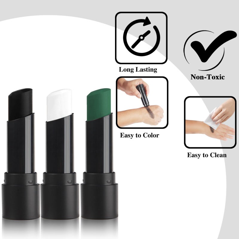 MEICOLY 3PCS Black White and Green Face Body Paint Stick,Waterproof Eye Black Baseball Softball Football,Face Paint Stick for Halloween SFX Cosplay Makeup - Image 2