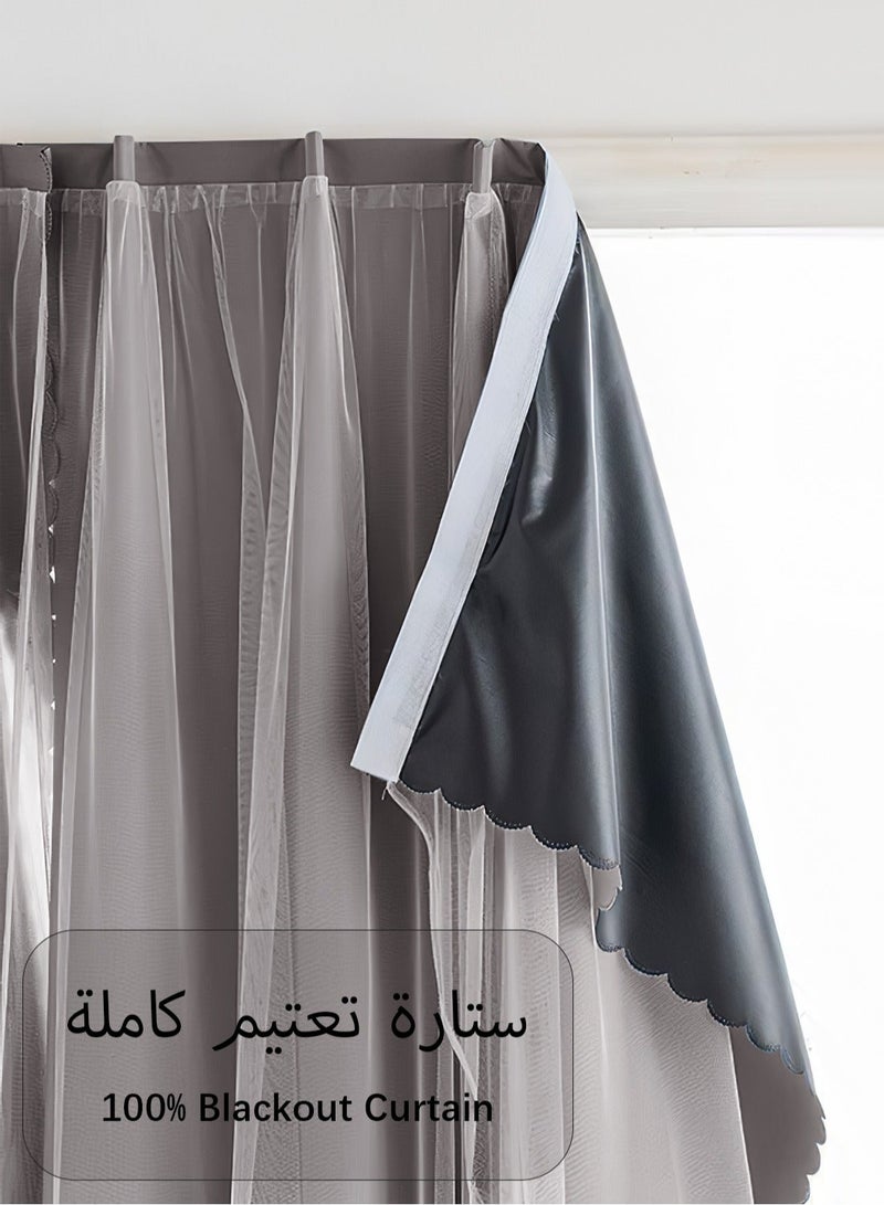 Velcro Curtains With Sheer, No Drill Curtain, 100% Blackout, 1 Panel, Fits Windows 100–130 cm Wide (Dark Grey W200 × H200 cm) - Image 1