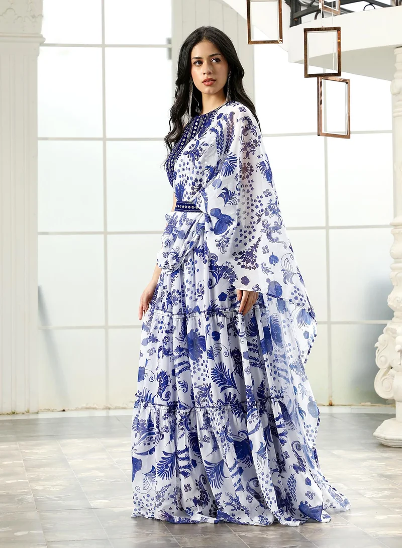 QISSA Women's Botanical Mirror-Block Pre-Draped Saree For Ethnic Wear | Round Neck, Sleeveless | Geometric Embroidered Fabric | 2 Piece Pre-Draped Saree Designed For Evening & Party Wear