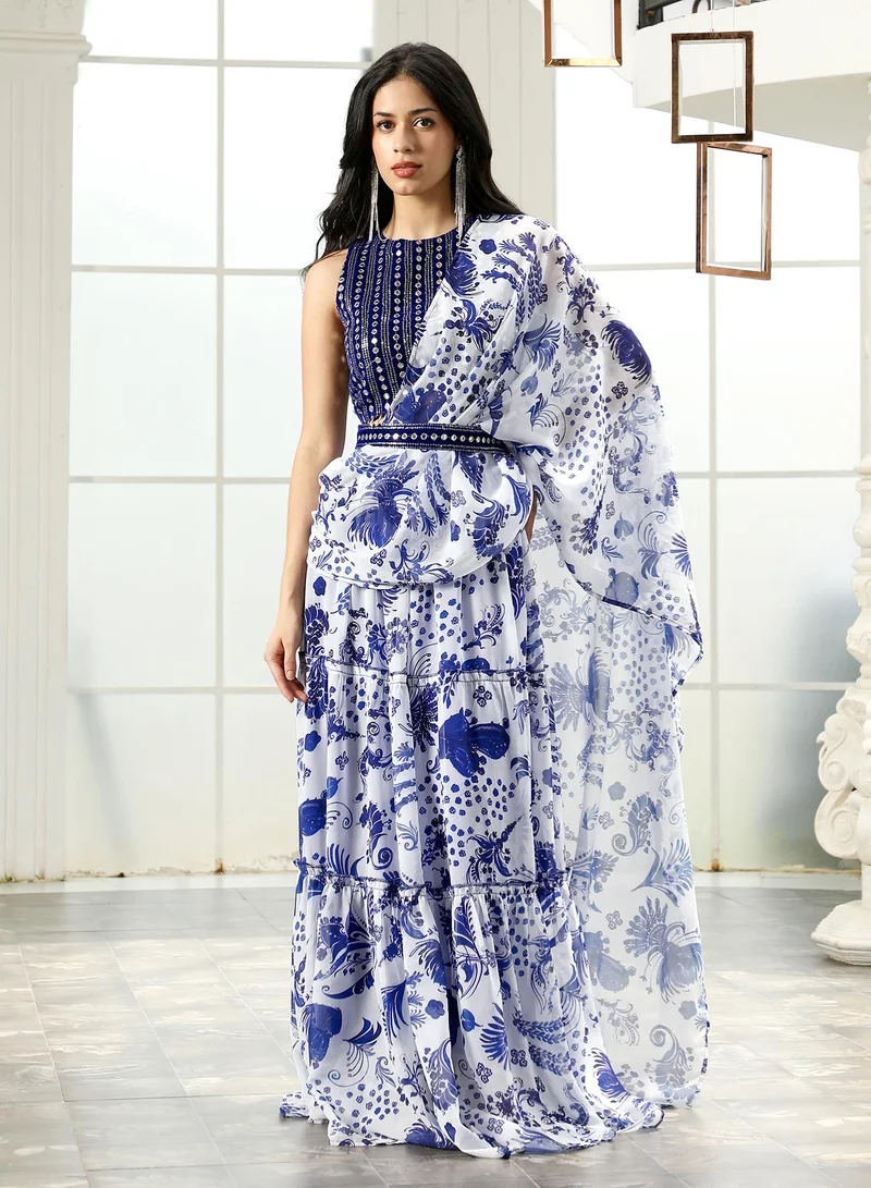 QISSA Women's Botanical Mirror-Block Pre-Draped Saree For Ethnic Wear | Round Neck, Sleeveless | Geometric Embroidered Fabric | 2 Piece Pre-Draped Saree Designed For Evening & Party Wear