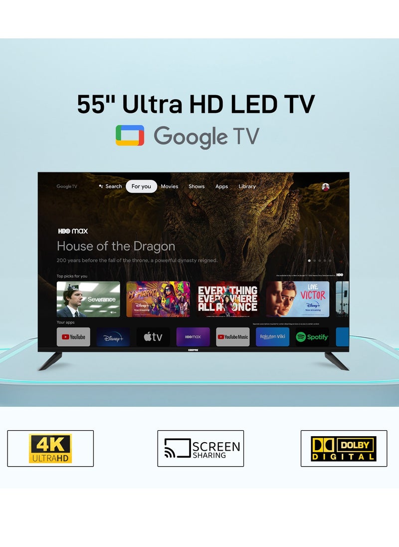 GEEPAS 55'' 4K UHD, Google, Smart LED TV With Remote Control, Wall Mount Bracket, 2 USB & 4 HDMI Port, HDMI, USB, Bluetooth, WIFI, Screen Sharing, 16.9 Aspect Ration, Wide Color Enhancer, Eco Efficiency  - Image 1