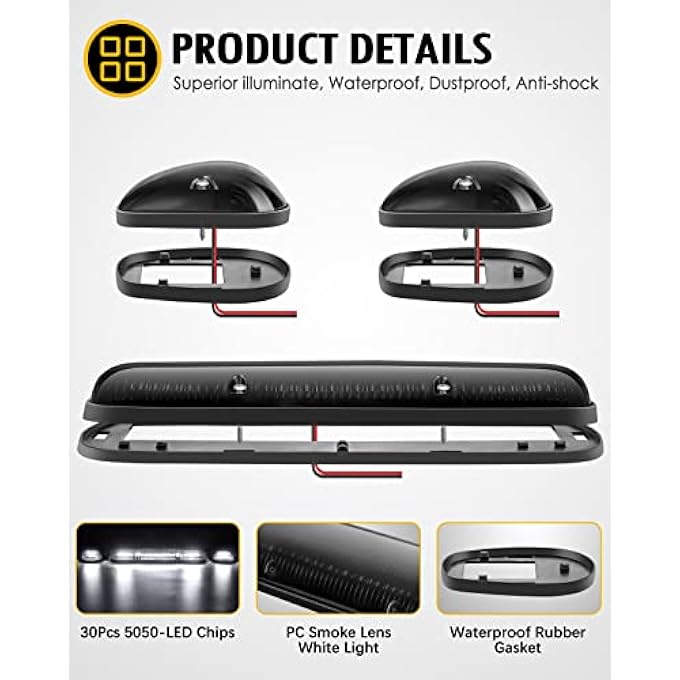 Partsam 3 قطع غطاء دخان عدسة بيضاء 30 ليد علامة الكابينة سقف تشغيل أضواء علوية مجموعة الأسلاك متوافقة مع شاحنة سيلفرادو سييرا 1500 1500Hd 2500 2500Hd 3500 2002 2007 - Image 3
