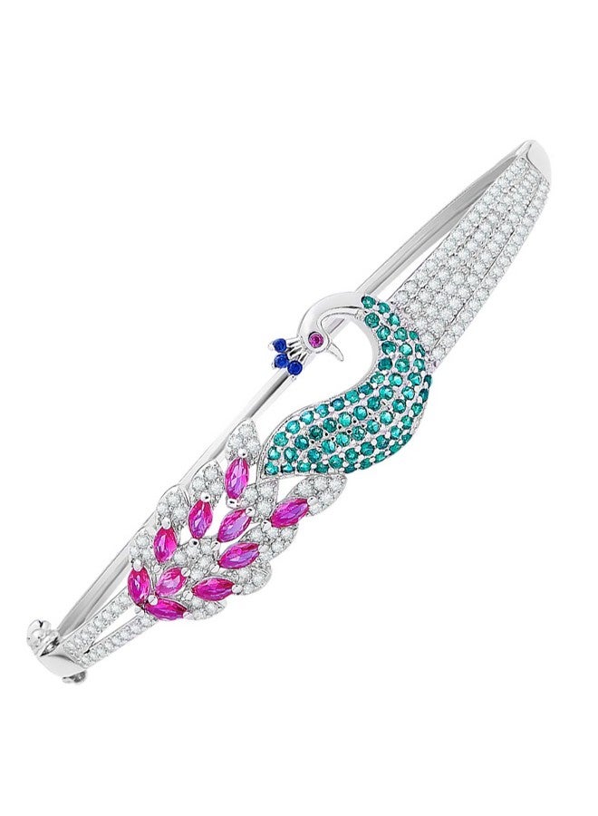 ZAVYA 925 Sterling Silver CZ Peacock Rhodium Plating Cuff Bracelet | Gift for Women and Girls | With Certificate of Authenticity and 925 Hallmark - Image 1