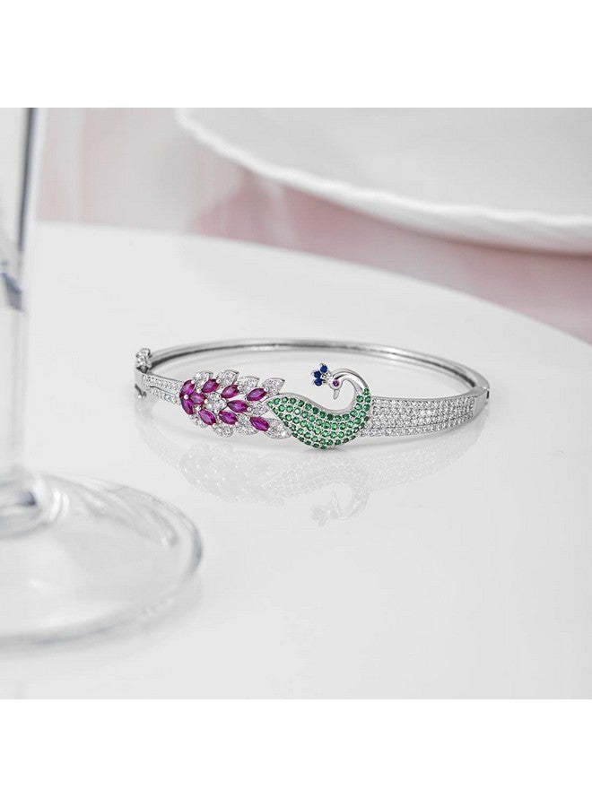 ZAVYA 925 Sterling Silver CZ Peacock Rhodium Plating Cuff Bracelet | Gift for Women and Girls | With Certificate of Authenticity and 925 Hallmark - Image 2