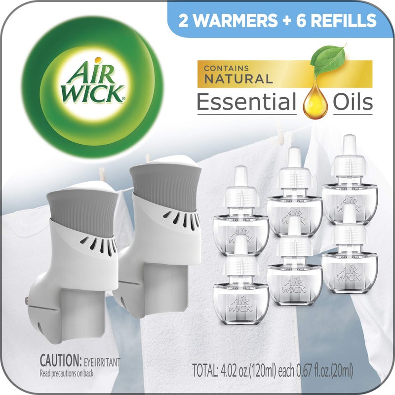 Air Wick مجموعة بداية زيت معطر من Air Wick، 2 دافئات + 6 عبوات إعادة تعبئة، رائحة الكتان النظيف، نفس الرائحة المألوفة للغسيل النظيف، صديقة للبيئة، زيوت أساسية، معطر هواء - Image 1