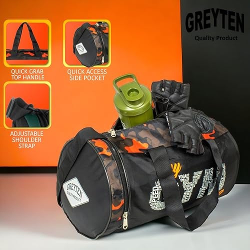 GREYTEN Gym Bag for Men & Women, Small Duffel Bag for Sports, Gyms, Duffel Bag Gym Bag, Polyester Sports Duffle/Shoulder/Gym Bag for Tennis, Dance, Golf, Football, Crossfit & Swimming (Camo Orange) - Image 3