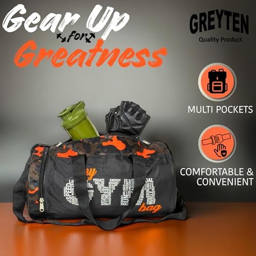 GREYTEN Gym Bag for Men & Women, Small Duffel Bag for Sports, Gyms, Duffel Bag Gym Bag, Polyester Sports Duffle/Shoulder/Gym Bag for Tennis, Dance, Golf, Football, Crossfit & Swimming (Camo Orange) - Image 2