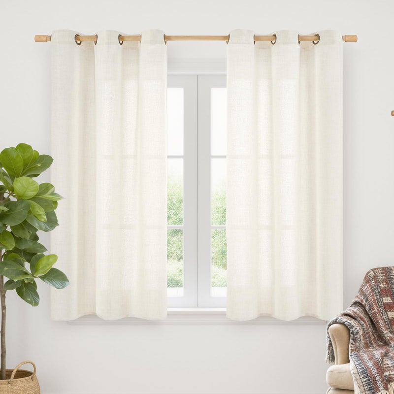 YoungsTex Ivory Linen Curtains 40 Inch Length for Kitchen Window, Short Semi Sheer Drapes Light Filtering with Bronze Grommet Privacy for Cafe Bathroom Windows, 42 x 40 Inch, 2 Panels - Image 1