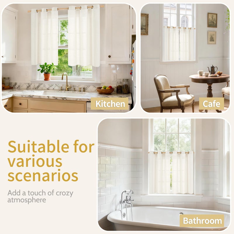 YoungsTex Ivory Linen Curtains 40 Inch Length for Kitchen Window, Short Semi Sheer Drapes Light Filtering with Bronze Grommet Privacy for Cafe Bathroom Windows, 42 x 40 Inch, 2 Panels - Image 2