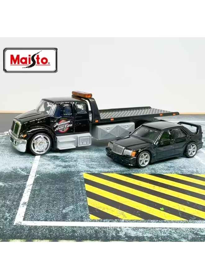 مايستو 1:64 scale model car, black flatbed trailer and black Mercedes 190E sports car carrier. Both cars are realistic and realistic in their exterior details. A beautiful looking car from the beautiful car models. You can play or decorate rooms, offices, living rooms, cafes, or on shelves for display. It is also suitable for car lovers and collectors. It is also suitable for professional photographers and advertising photographers to use as a background, or for professionals in making home models and merging them with the model, or adding them inside a transparent acrylic box and gifting it to your loved ones, parents or children, or as a gift for someone who drives the same car - Image 1
