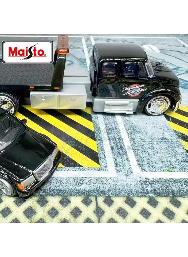مايستو 1:64 scale model car, black flatbed trailer and black Mercedes 190E sports car carrier. Both cars are realistic and realistic in their exterior details. A beautiful looking car from the beautiful car models. You can play or decorate rooms, offices, living rooms, cafes, or on shelves for display. It is also suitable for car lovers and collectors. It is also suitable for professional photographers and advertising photographers to use as a background, or for professionals in making home models and merging them with the model, or adding them inside a transparent acrylic box and gifting it to your loved ones, parents or children, or as a gift for someone who drives the same car - Image 3