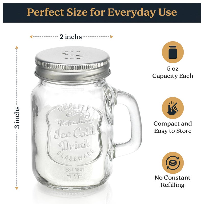 MosJos Salt and Pepper Shakers Set â€“ Mason Jar Salt and Pepper Shakers with Stainless Steel Lids & Handles, Clear Glass Farmhouse Kitchen Decor, BPA Free, 5 oz Each, Perfect Pour for Home & Restaurant Use - Image 4