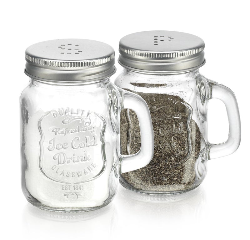 MosJos Salt and Pepper Shakers Set â€“ Mason Jar Salt and Pepper Shakers with Stainless Steel Lids & Handles, Clear Glass Farmhouse Kitchen Decor, BPA Free, 5 oz Each, Perfect Pour for Home & Restaurant Use - Image 1