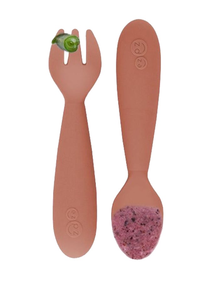 ezpz Baby Mini Fork And Spoon Set, Kids Cutlery Set With Case - 12M+ - Sienna - Image 2
