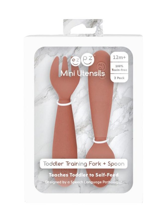 ezpz Baby Mini Fork And Spoon Set, Kids Cutlery Set With Case - 12M+ - Sienna - Image 3