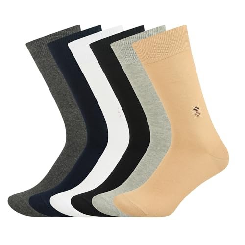 BALENZIA SocksXpress Men’s Motif Cotton Crew Socks | Pack of 6 Pairs | Black, Beige, Navy, Dark Grey, Light Grey, White|Calf-Length Premium Combed Cotton with Comfort Cuff| Everyday Formal Wear - Image 1