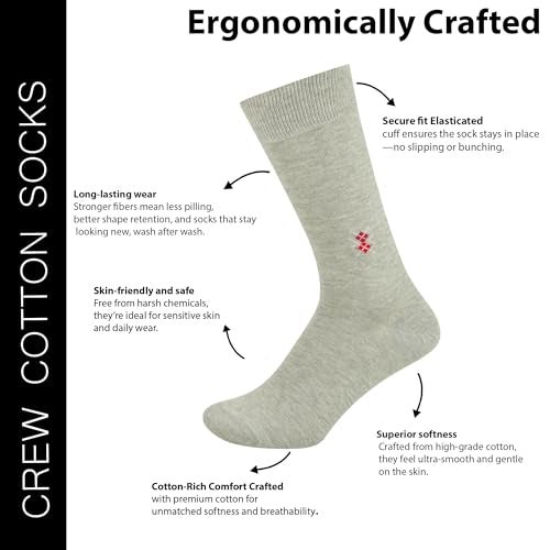 BALENZIA SocksXpress Men’s Motif Cotton Crew Socks | Pack of 6 Pairs | Black, Beige, Navy, Dark Grey, Light Grey, White|Calf-Length Premium Combed Cotton with Comfort Cuff| Everyday Formal Wear - Image 4