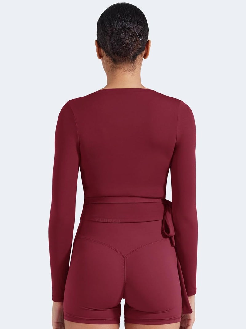YEOREO Women Pilates Wrap Top Long Sleeve Tie Ballet Workout Yoga Shirt Michelie Y2K V Neck Cropped Tops - Image 4