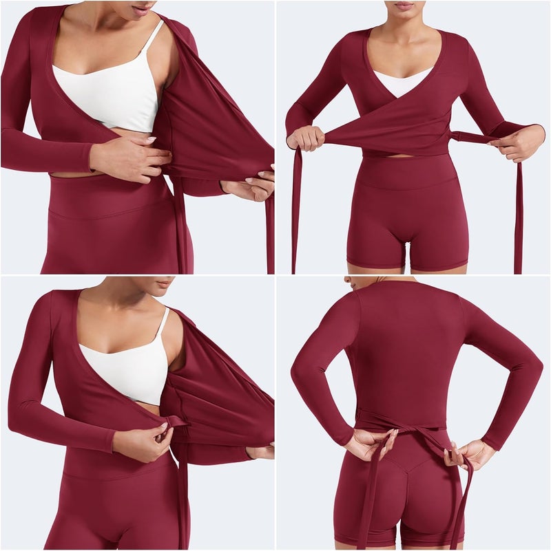 YEOREO Women Pilates Wrap Top Long Sleeve Tie Ballet Workout Yoga Shirt Michelie Y2K V Neck Cropped Tops - Image 2