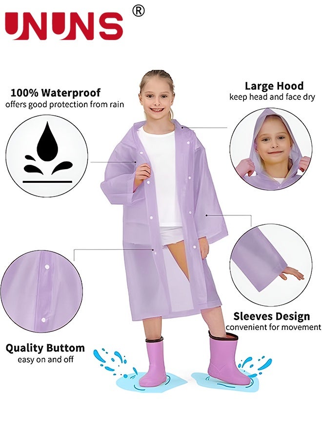 UNUNS Kids Raincoat,2 Pcs Kids Waterproof Thick Rain Ponchos For Kids,Reusable Emergency Rain Coats For Boys Girls,Kids Snow Rainwear Jacket with Hood and Drawstring,Portable EVA Rain Jacket,Lavender - Image 2
