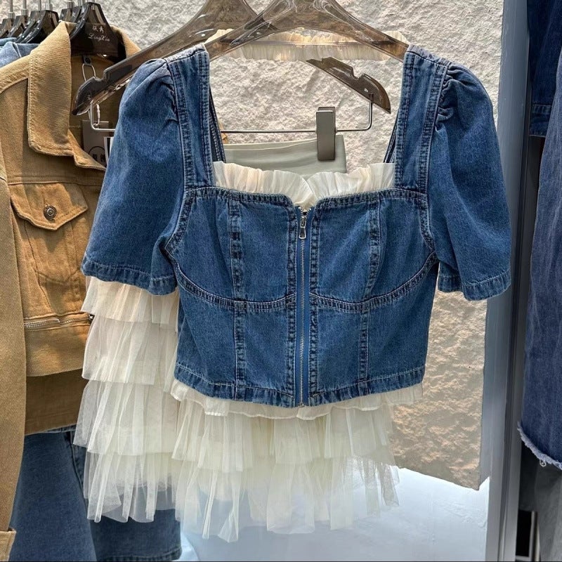 Puff Sleeve Lace Splicing Denim Top Mesh Skirt Two-Piece Suit For Women Korean Style 2025 Style - Image 1