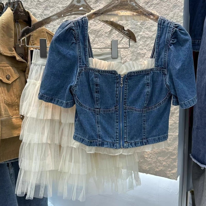 Puff Sleeve Lace Splicing Denim Top Mesh Skirt Two-Piece Suit For Women Korean Style 2025 Style - Image 2