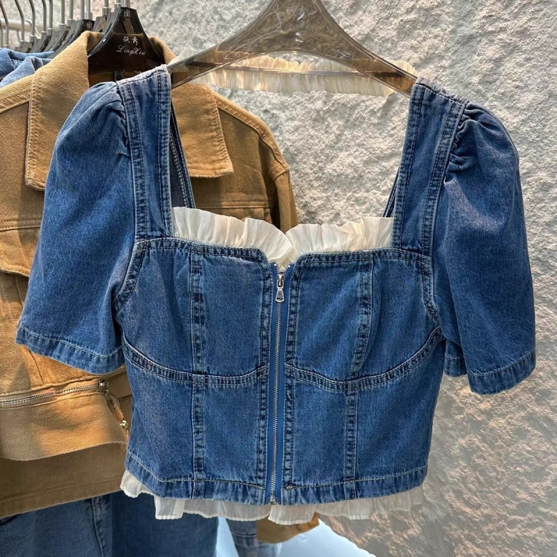 Puff Sleeve Lace Splicing Denim Top Mesh Skirt Two-Piece Suit For Women Korean Style 2025 Style - Image 4