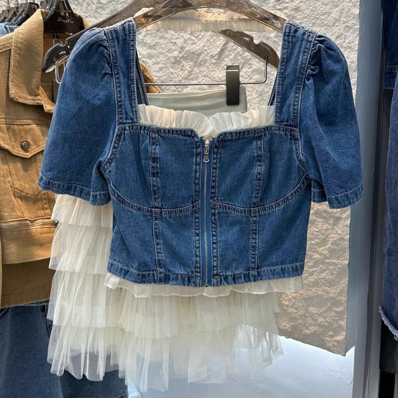 Puff Sleeve Lace Splicing Denim Top Mesh Skirt Two-Piece Suit For Women Korean Style 2025 Style - Image 3